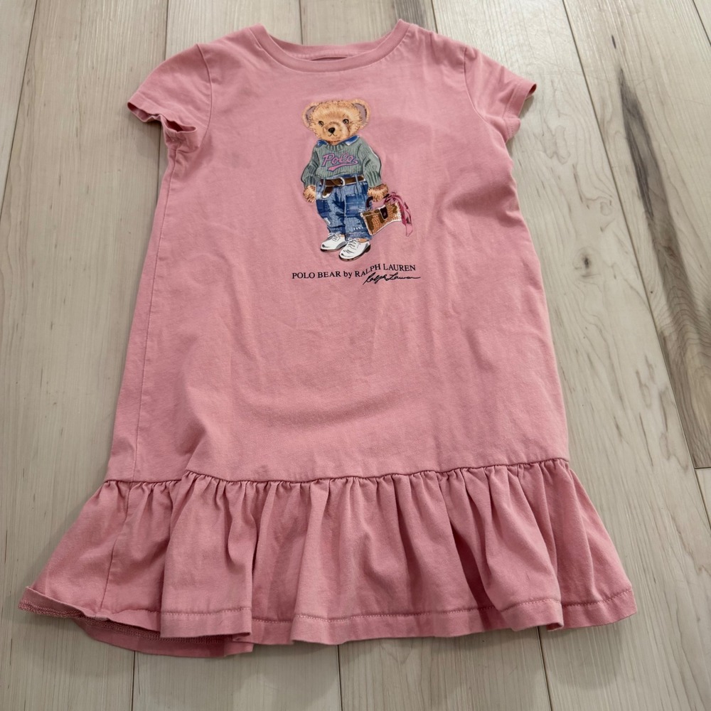 Polo Ralph Lauren Girls Pink Polo Bear Ruffle Hem Dress Size 4 4T